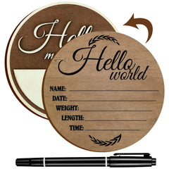 Namalu Hello World sign front side brown for newborn photo prop and keepsake.