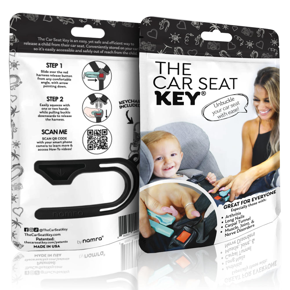 NAMRA car seat key, USA-made, emphasizes reliable, tactile press for parents and grandparents.