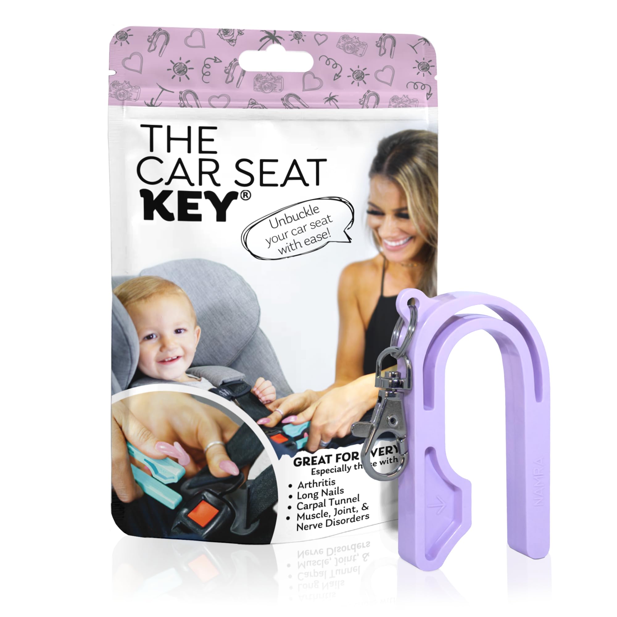 NAMRA car seat key purple in action unbuckling a child car seat for easier release