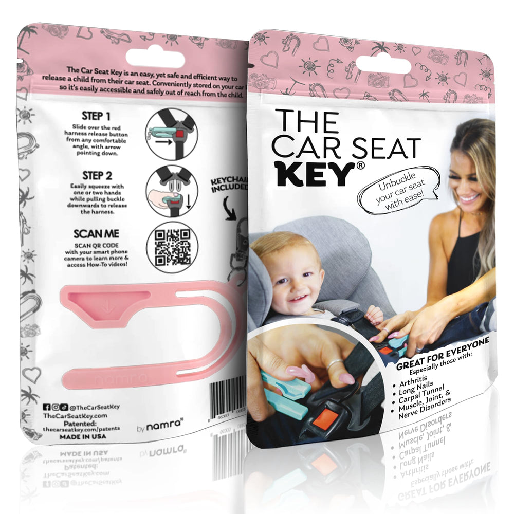 NAMRA made-in-USA pink car-seat key emphasizes quality and safety for families.
