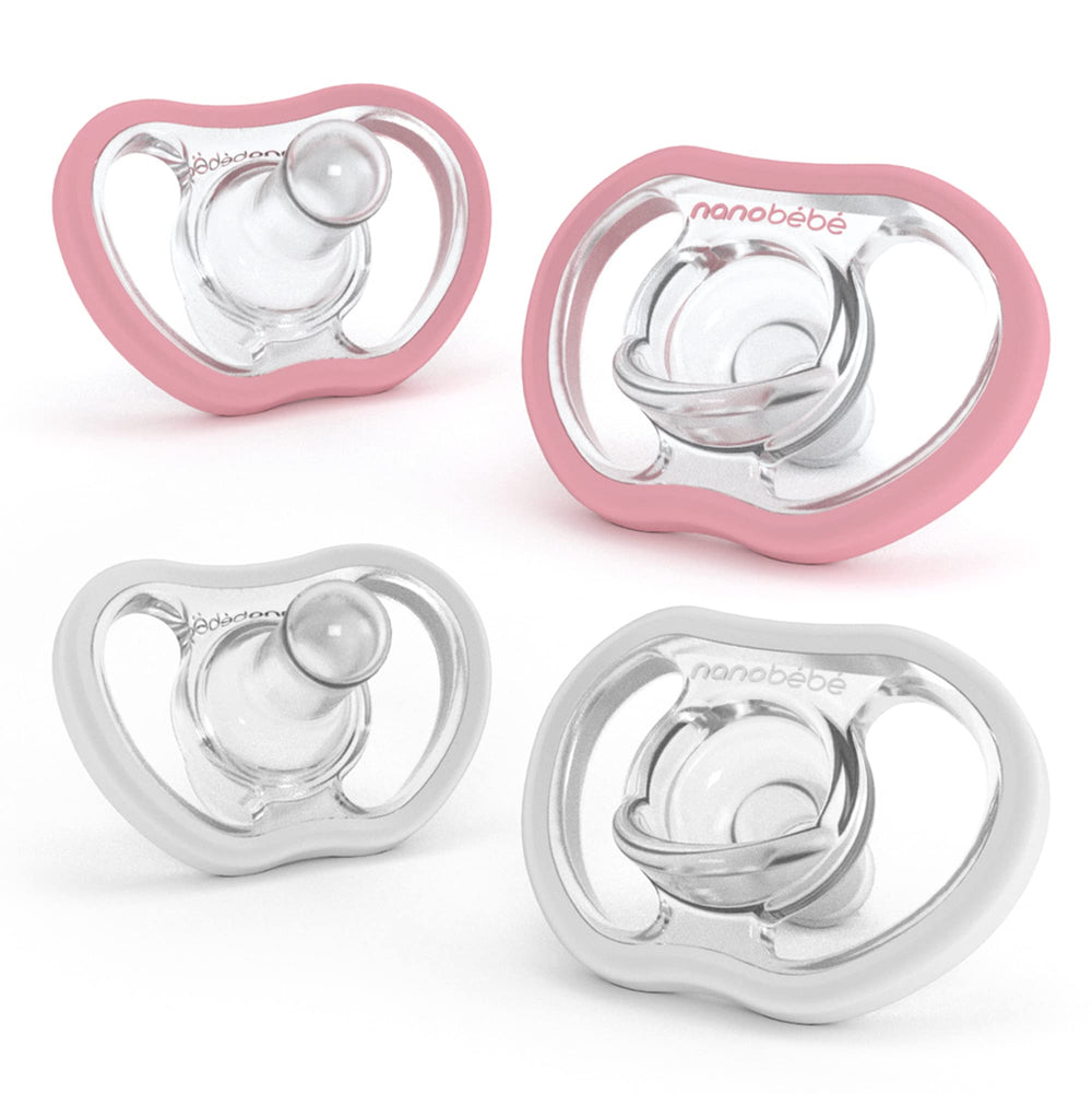 NANOBÉBÉ active pacifiers front view in white and pink for comfortable daily use.