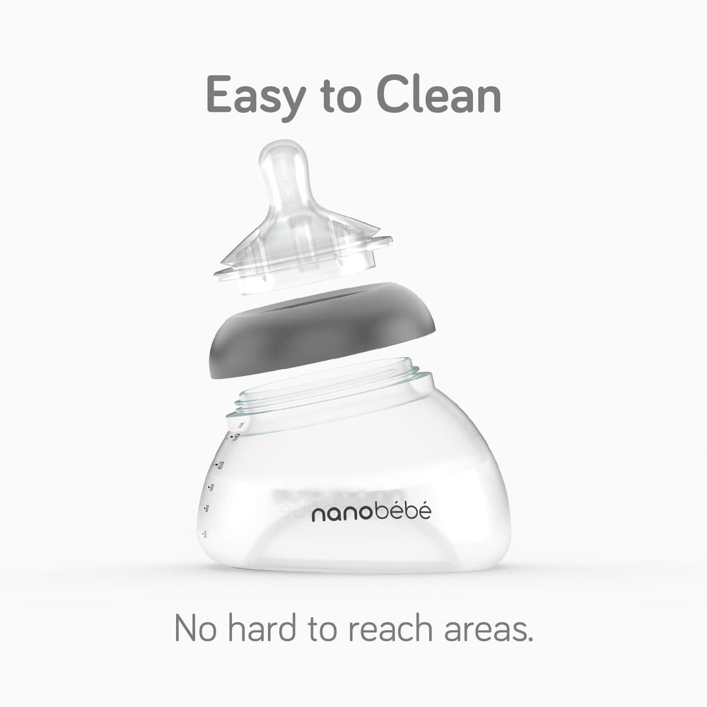 Nanobébé anti-colic bottle assembly demonstrates unified feeding system.