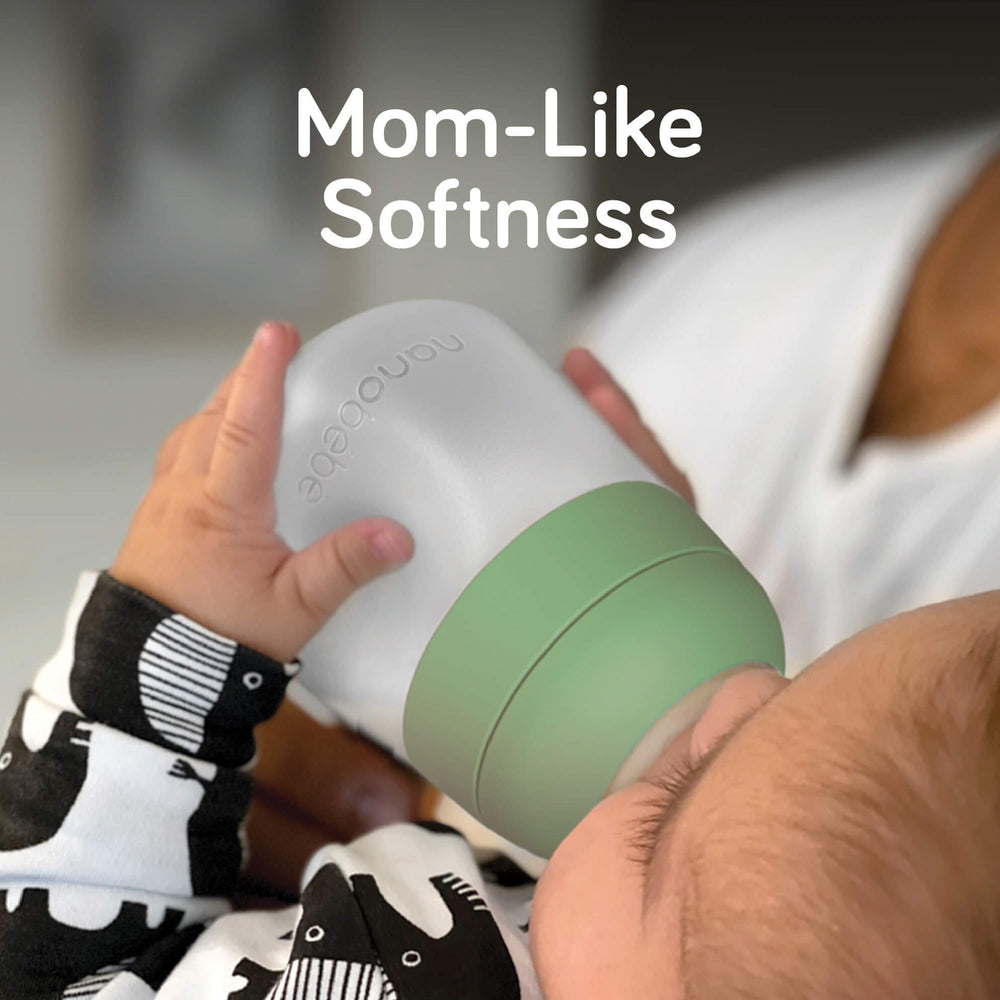 Nanobébé anti-colic nipple close-up highlighting airflow design for calmer feeds