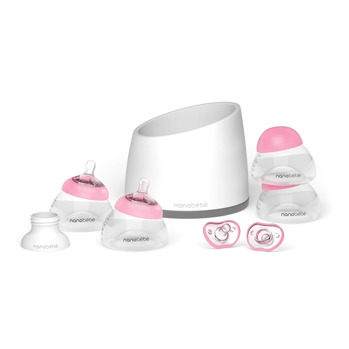 Nanobébé 5oz anti-colic bottle in pink/grey supports smooth latch and quick warming.