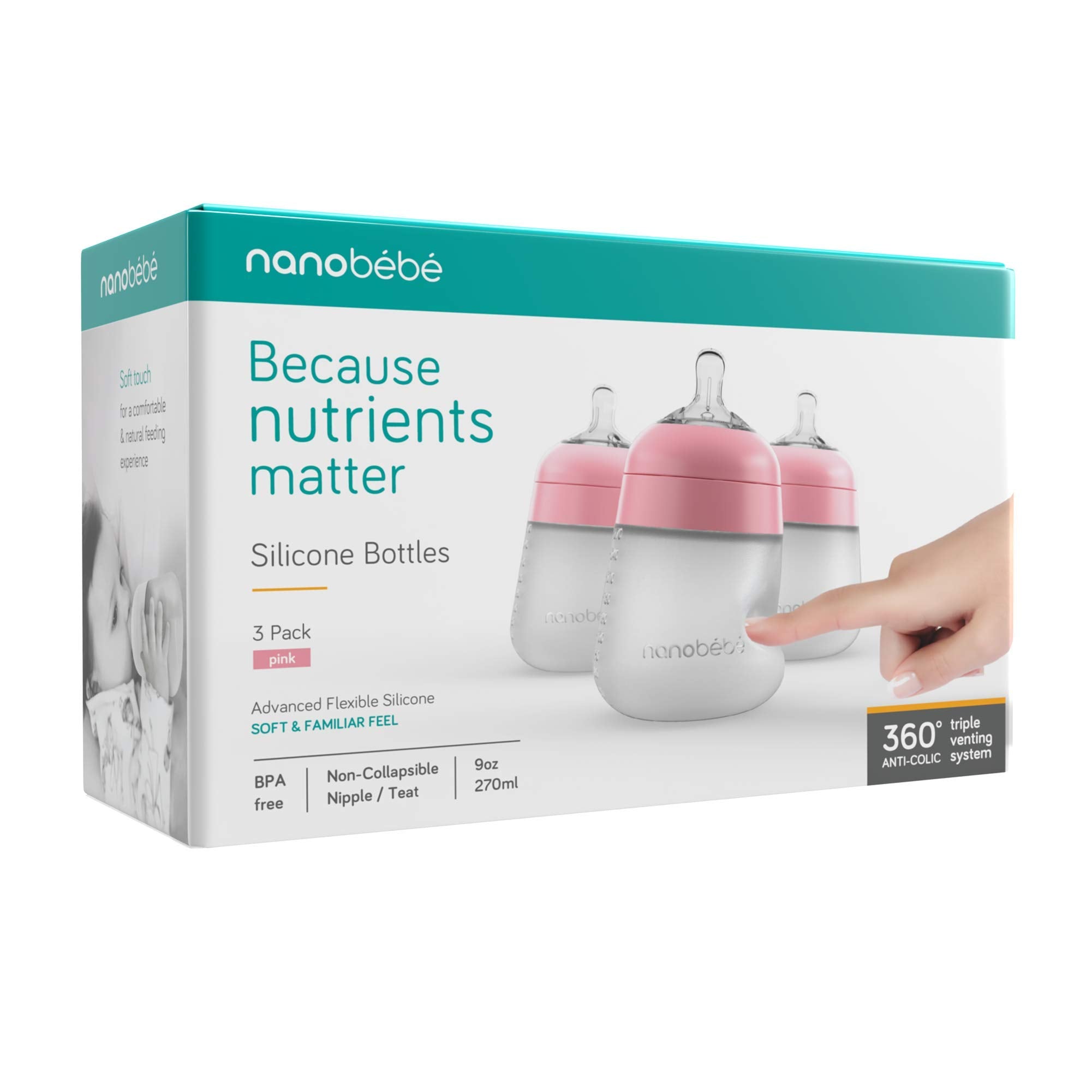 Nanobébé Flexy 3-pack pink set illustrates value and versatile feeding kit.