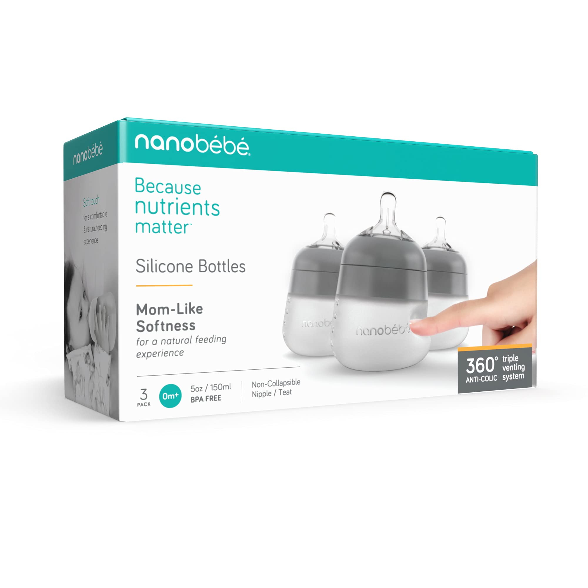 Nanobébé Flexy bottle gray with snap handles improves tiny-grip confidence