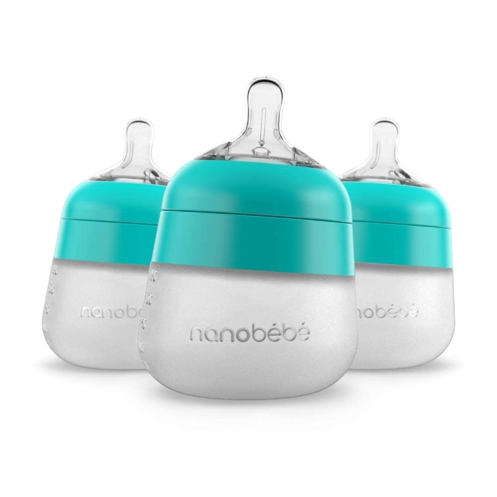 Nanobébé Flexy teal 5oz bottle with soft silicone finish for easy latch transition.
