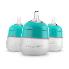 Nanobébé Flexy teal 5oz bottle with soft silicone finish for easy latch transition.