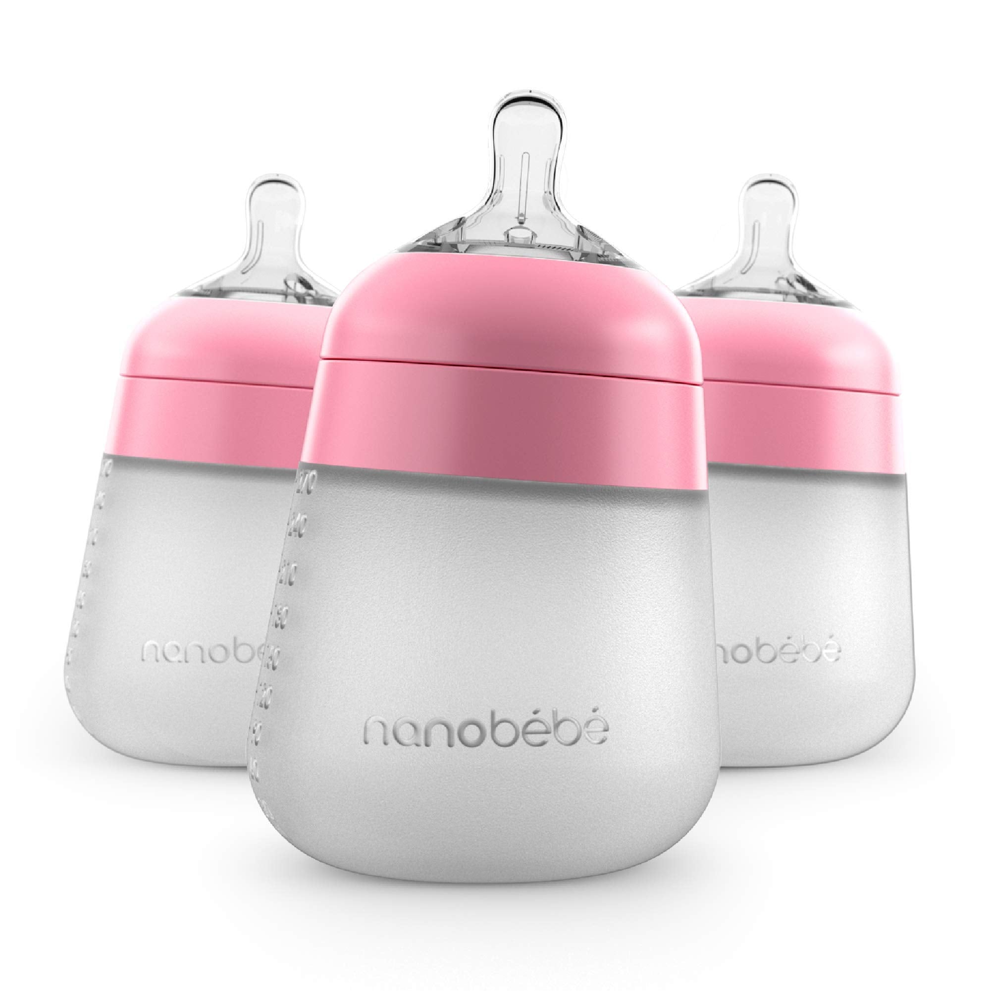 Nanobébé Flexy bottle front view in pink, 9oz, for everyday feeding.