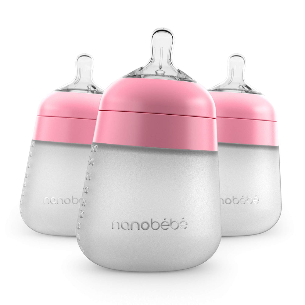 Nanobébé Flexy bottle front view in pink, 9oz, for everyday feeding.