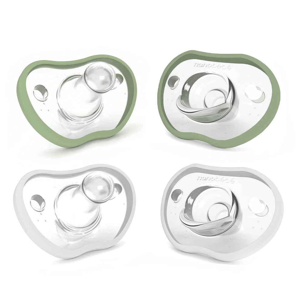 Nanobébé pacifier 0-3m with orthodontic curve fits baby's face comfortably for calm feeding sessions.