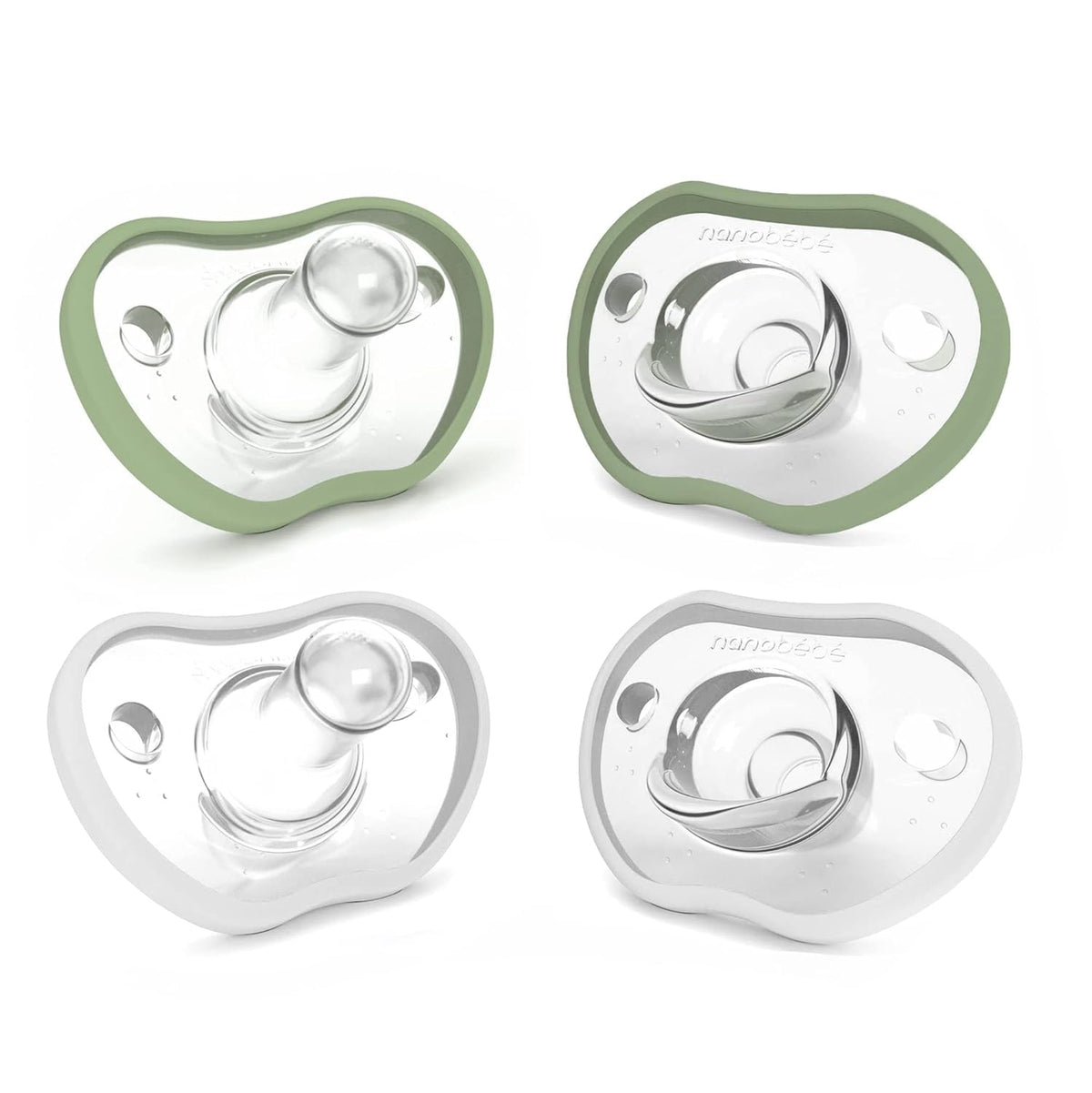 Nanobébé pacifier 0-3m with orthodontic curve fits baby's face comfortably for calm feeding sessions.