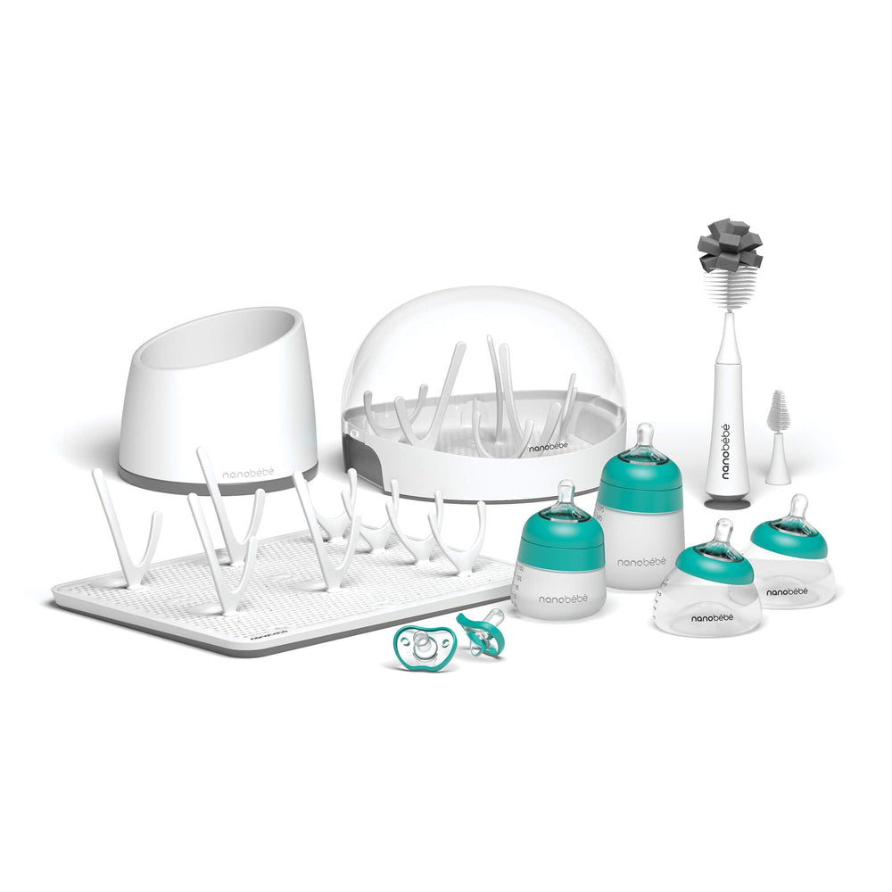 Nanobébé Gen 2 teal grey set with sterilizer and drying rack for quick, hygienic bottle care