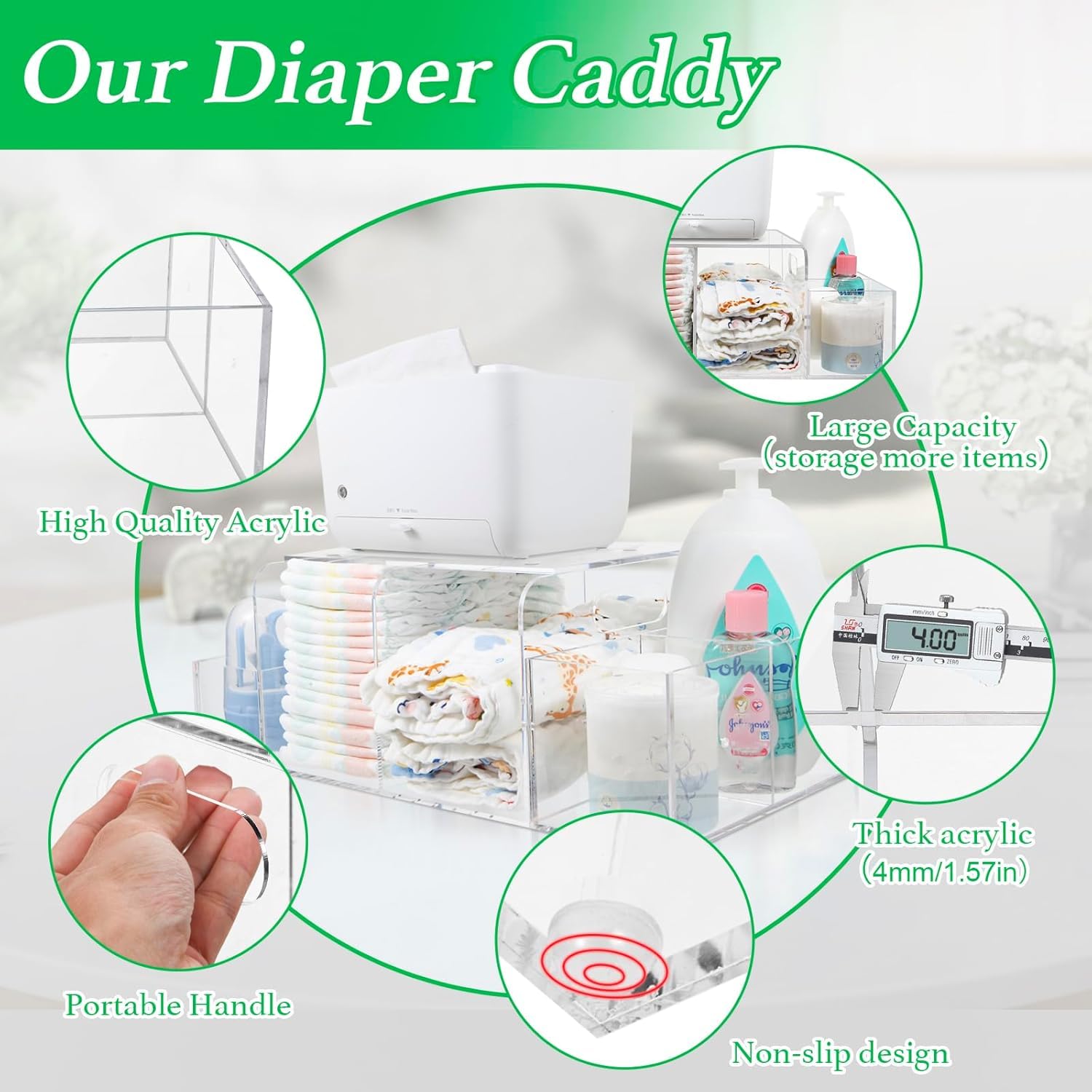 NANYEZH anti-slip feet stabilize the diaper caddy during changes.