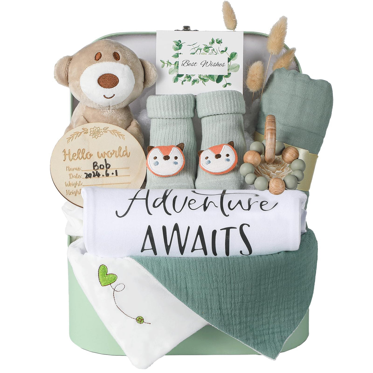 Naozinebi baby gift set box in sage green, ideal for newborn gifting