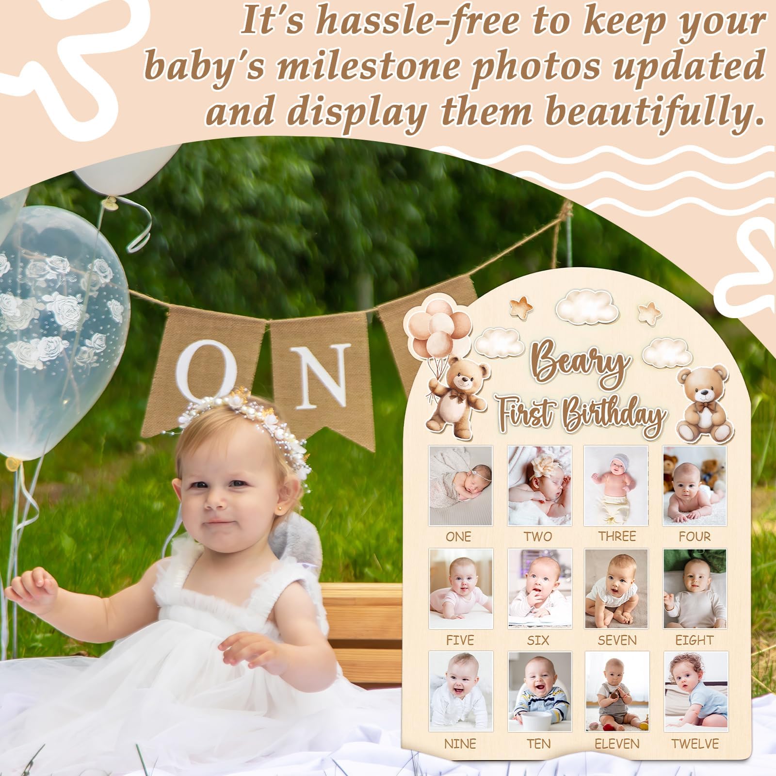 Naozinebi Beary First Birthday Board memories display banner for cherished milestones