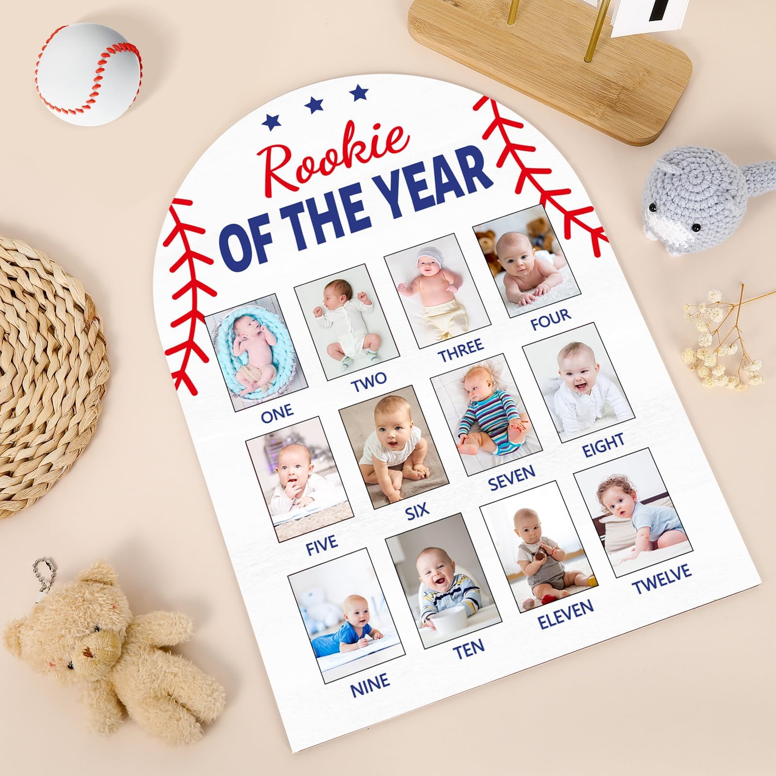 Naozinebi Baseball First Year Photo Board 12-month layout stores memories in one frame.