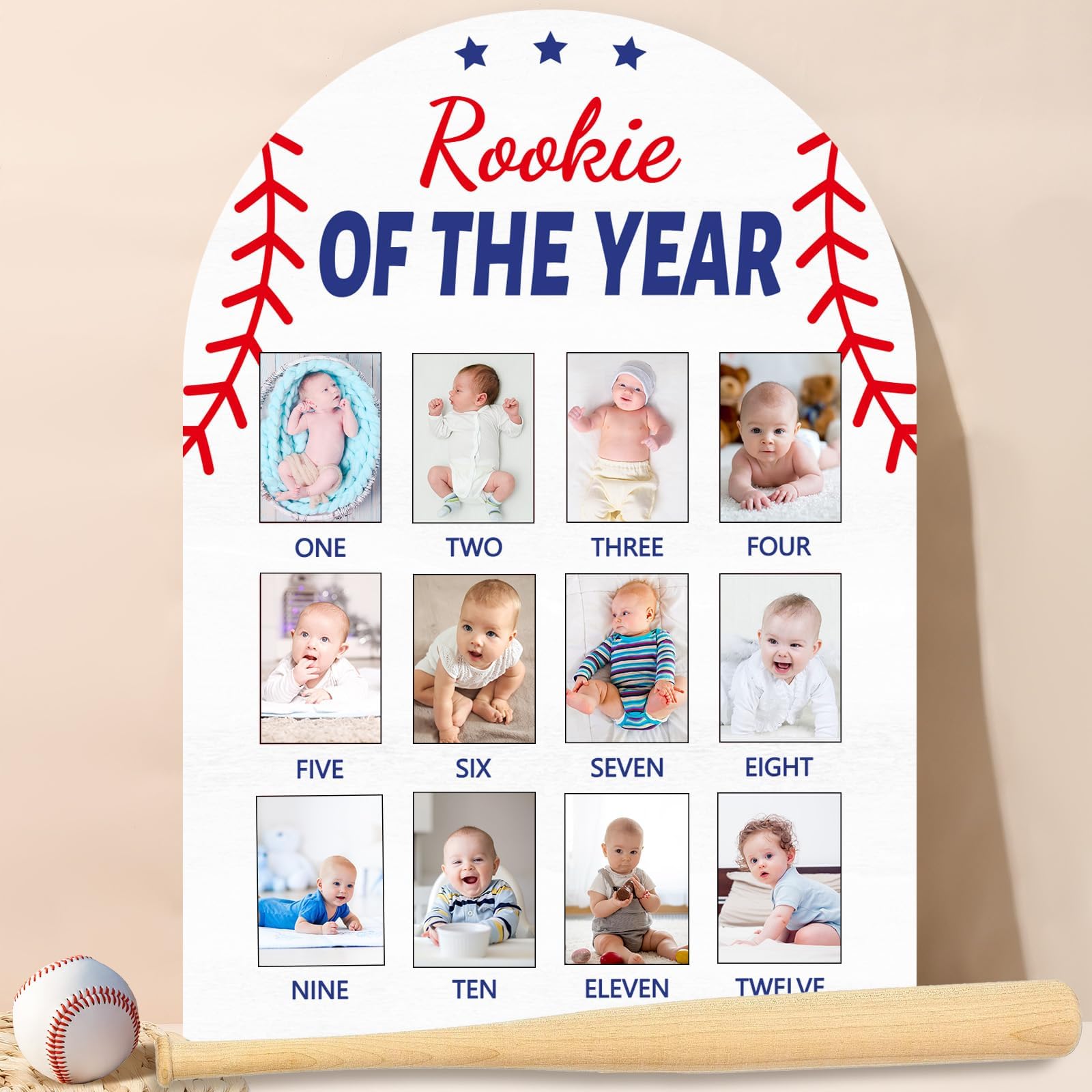Naozinebi Baseball First Year Photo Board front view with 12 photo slots, ideal for milestone keepsake.