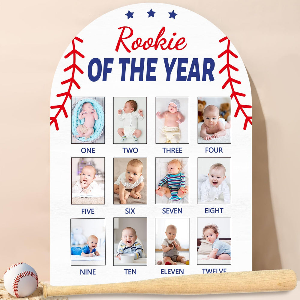 Naozinebi Baseball First Year Photo Board front view with 12 photo slots, ideal for milestone keepsake.