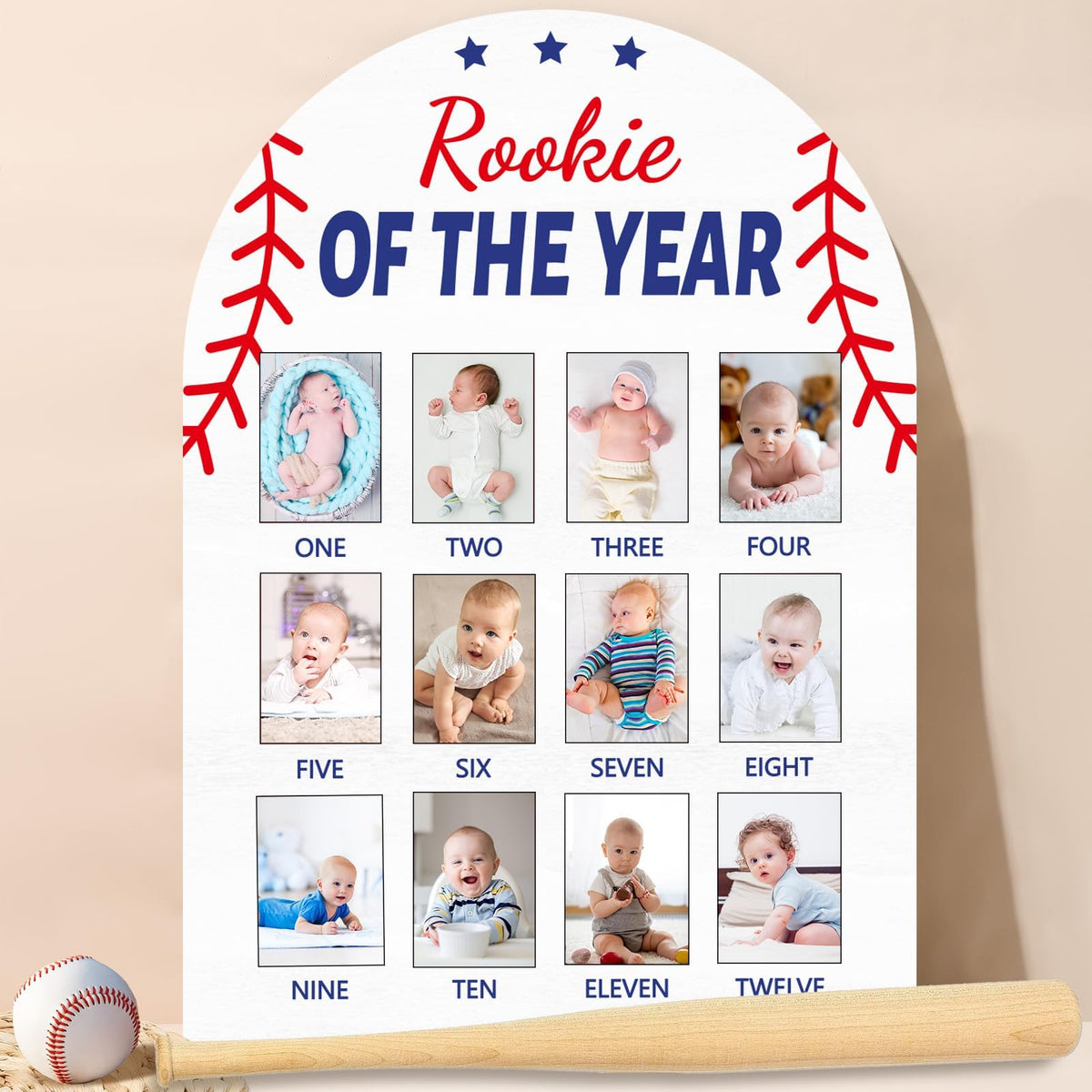 Naozinebi Baseball First Year Photo Board front view with 12 photo slots, ideal for milestone keepsake.