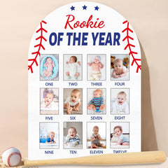 Naozinebi Baseball First Year Photo Board front view with 12 photo slots, ideal for milestone keepsake.