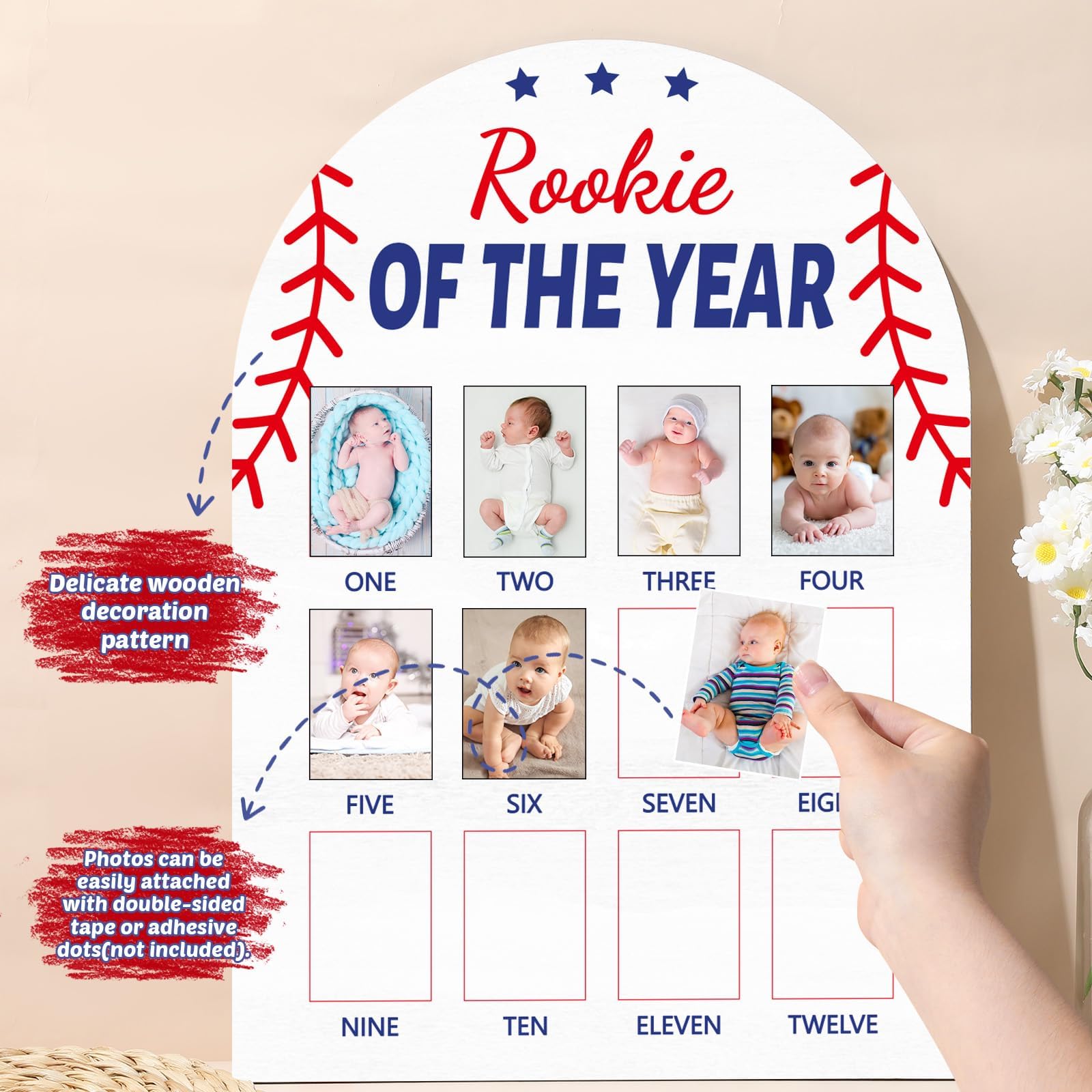Naozinebi Baseball First Year Photo Board close-up edges highlight safe rounded corners.