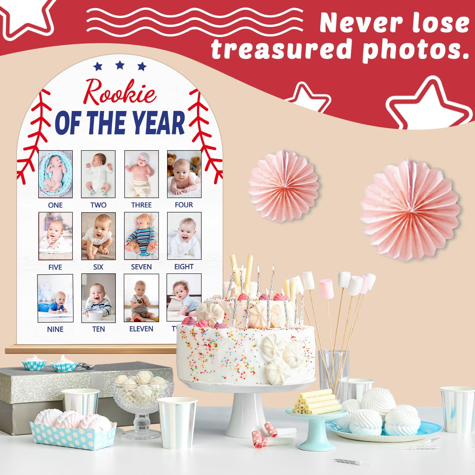 Naozinebi Baseball Photo Board party display as a centerpiece for a first birthday.
