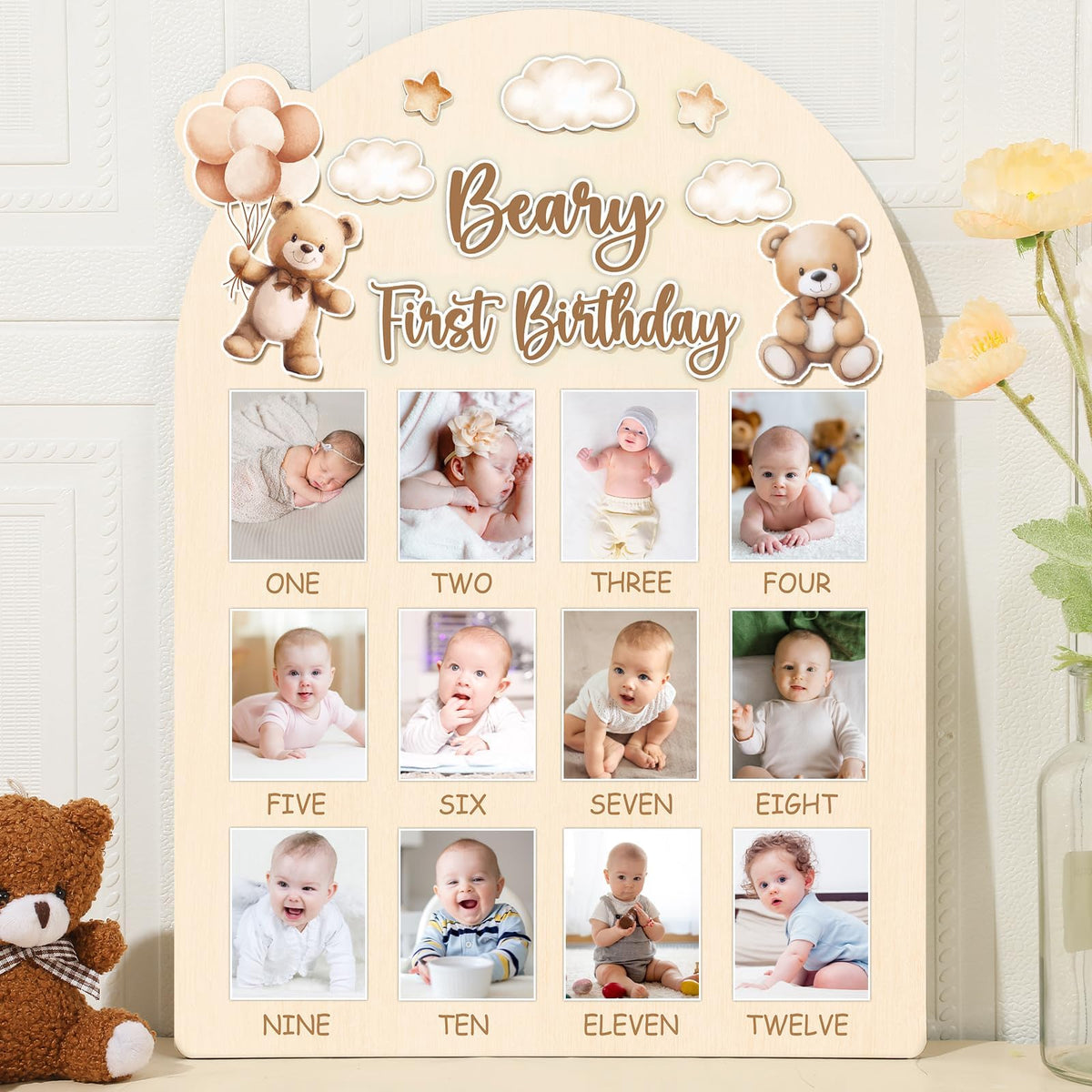 Naozinebi Beary First Birthday Board assembly view enables quick, mess-free monthly photo setup