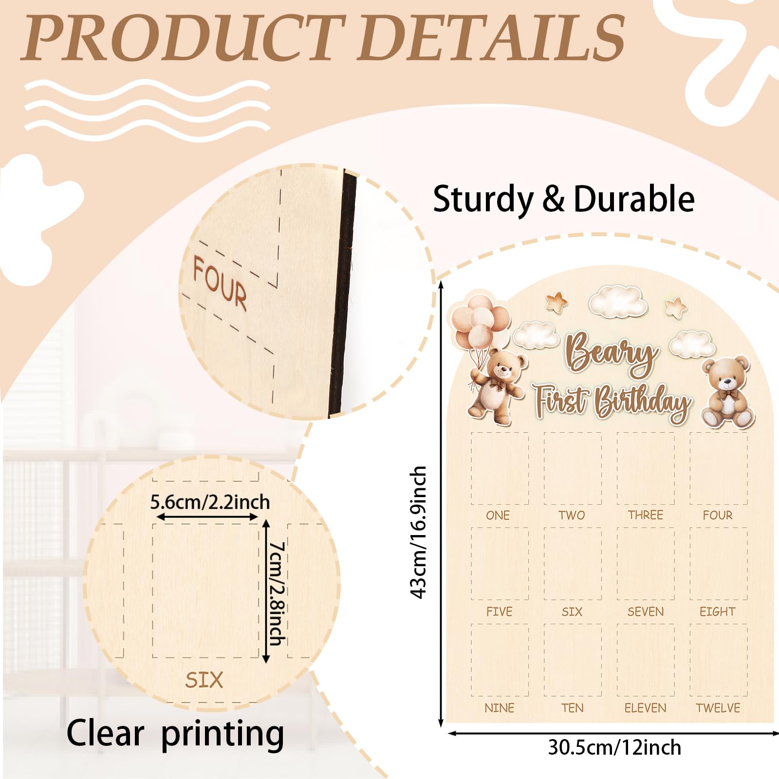 Naozinebi Beary First Birthday Board closeup design highlights durable wood and rounded corners
