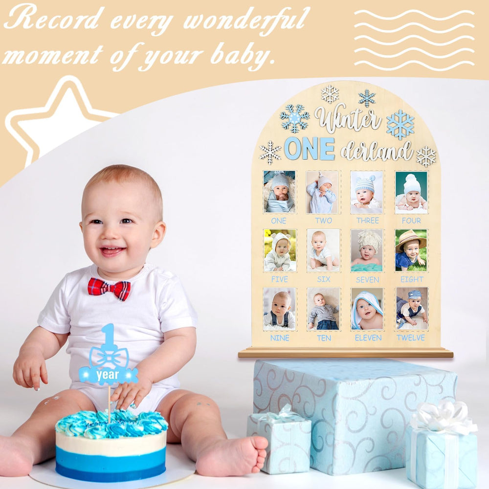 Naozinebi blue snowflakes design highlights adorable first-year milestones.
