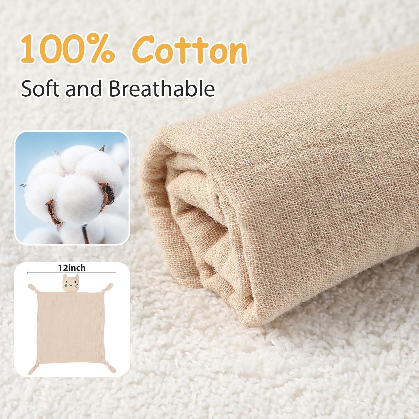 Naozinebi muslin baby lovey flat view showcases size perfect for diaper bags.
