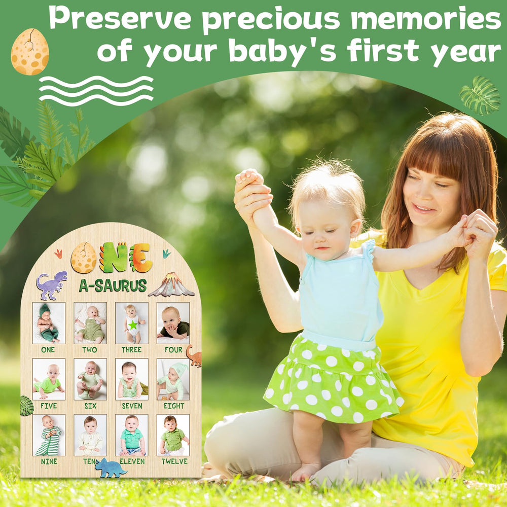 Naozinebi One A-Saurus Photo Board uses a dinosaur-themed decor to brighten nurseries or parties.