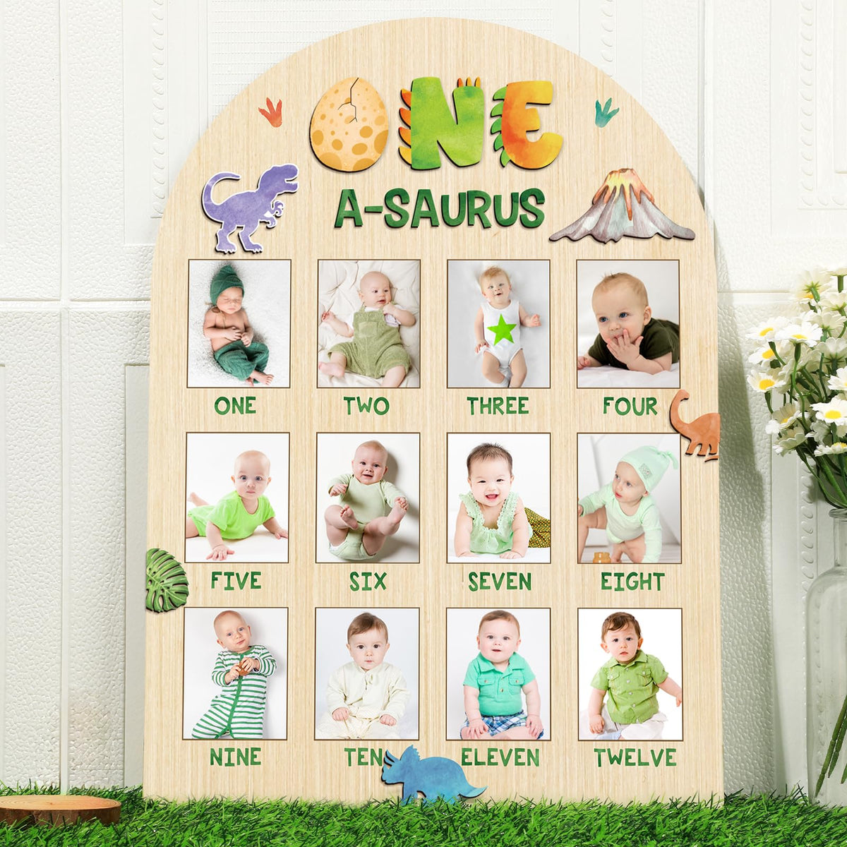 Naozinebi One A-Saurus Photo Board front view shows monthly milestones in color.