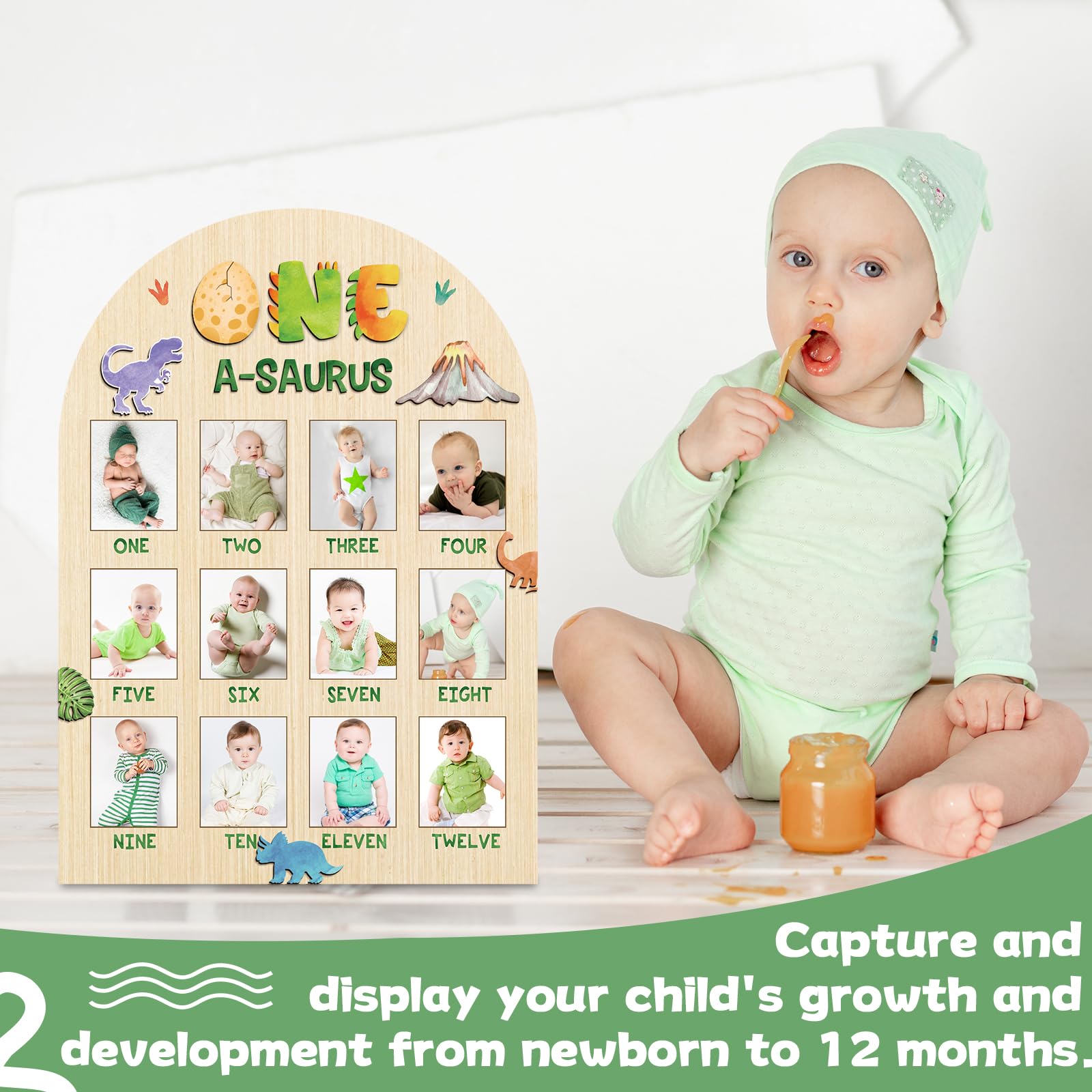 Naozinebi One A-Saurus Photo Board serves as a colorful keepsake for a first birthday.