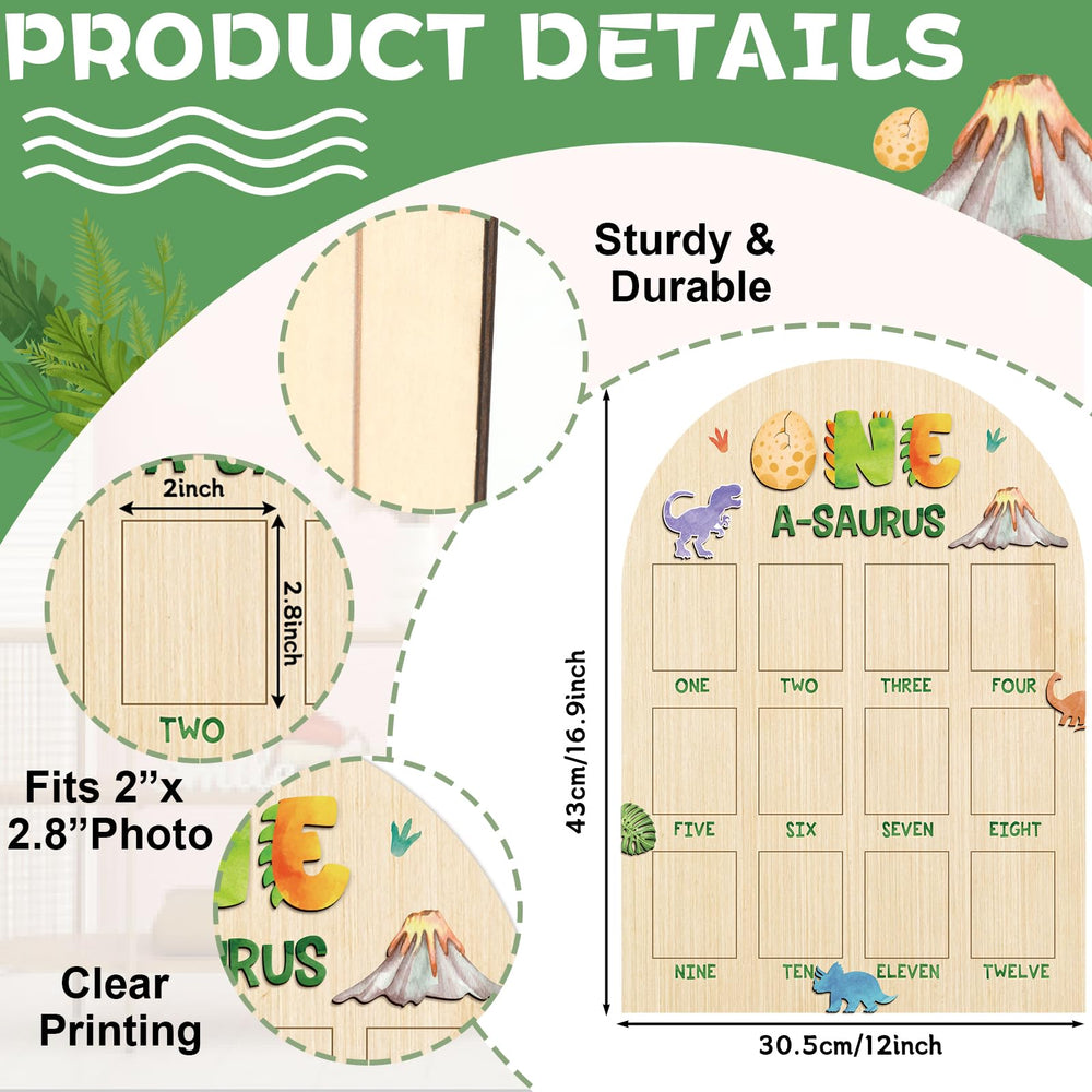 Naozinebi One A-Saurus Photo Board highlights 12 monthly photos to celebrate baby's growth.