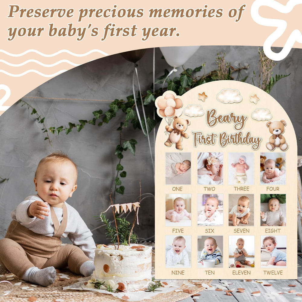Naozinebi Beary First Birthday Board with rounded corners for safe handling