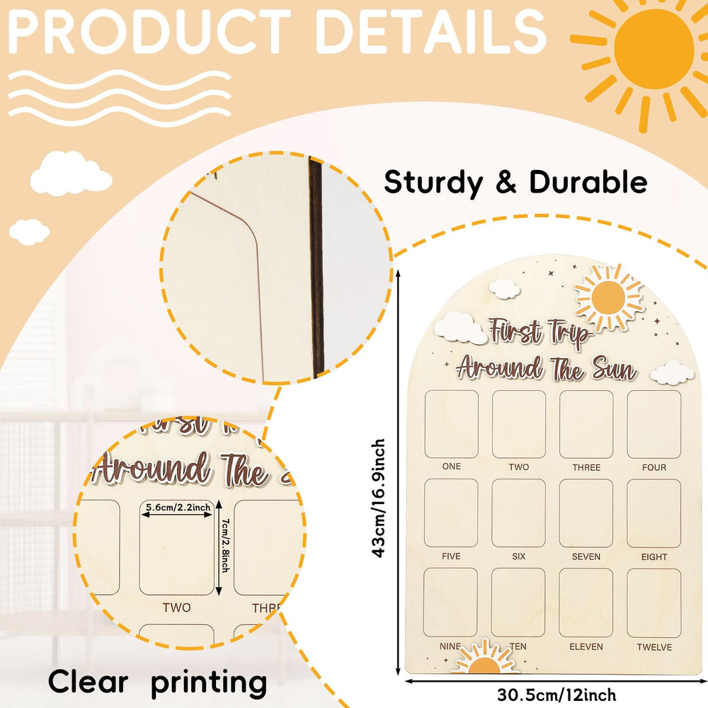 Naozinebi sun-design decor enhances birthday party ambiance with a keepsake milestone timeline.
