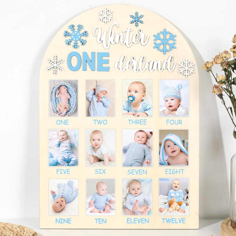 Naozinebi Winter ONEderland board closeup showcases a milestone keepsake for nursery decor.