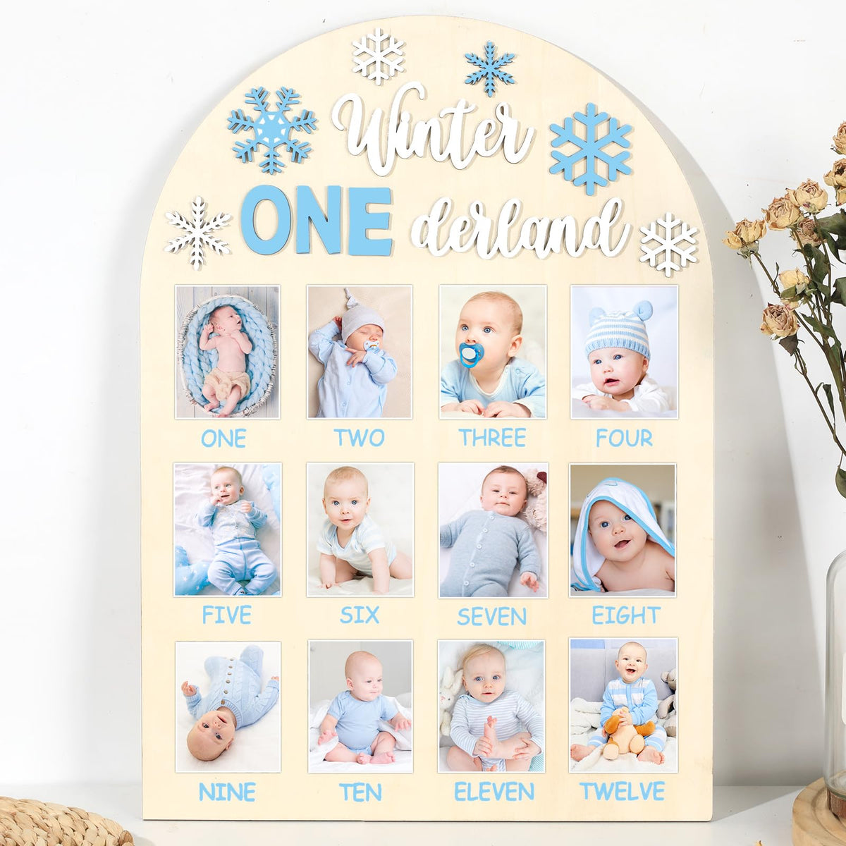 Naozinebi Winter ONEderland board closeup showcases a milestone keepsake for nursery decor.