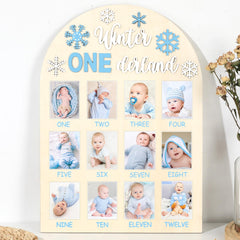Naozinebi Winter ONEderland board closeup showcases a milestone keepsake for nursery decor.