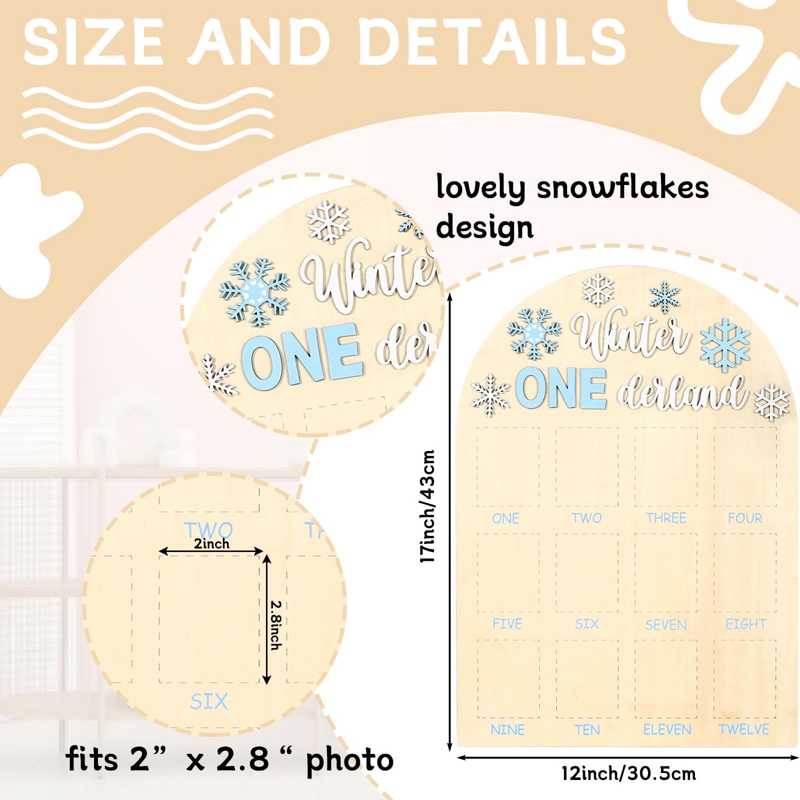 Naozinebi Winter ONEderland board photos arranged to highlight monthly baby milestones.