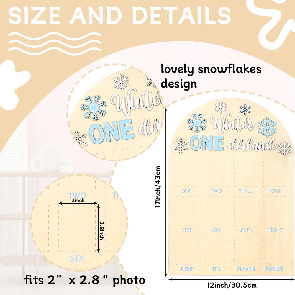 Naozinebi Winter ONEderland board photos arranged to highlight monthly baby milestones.