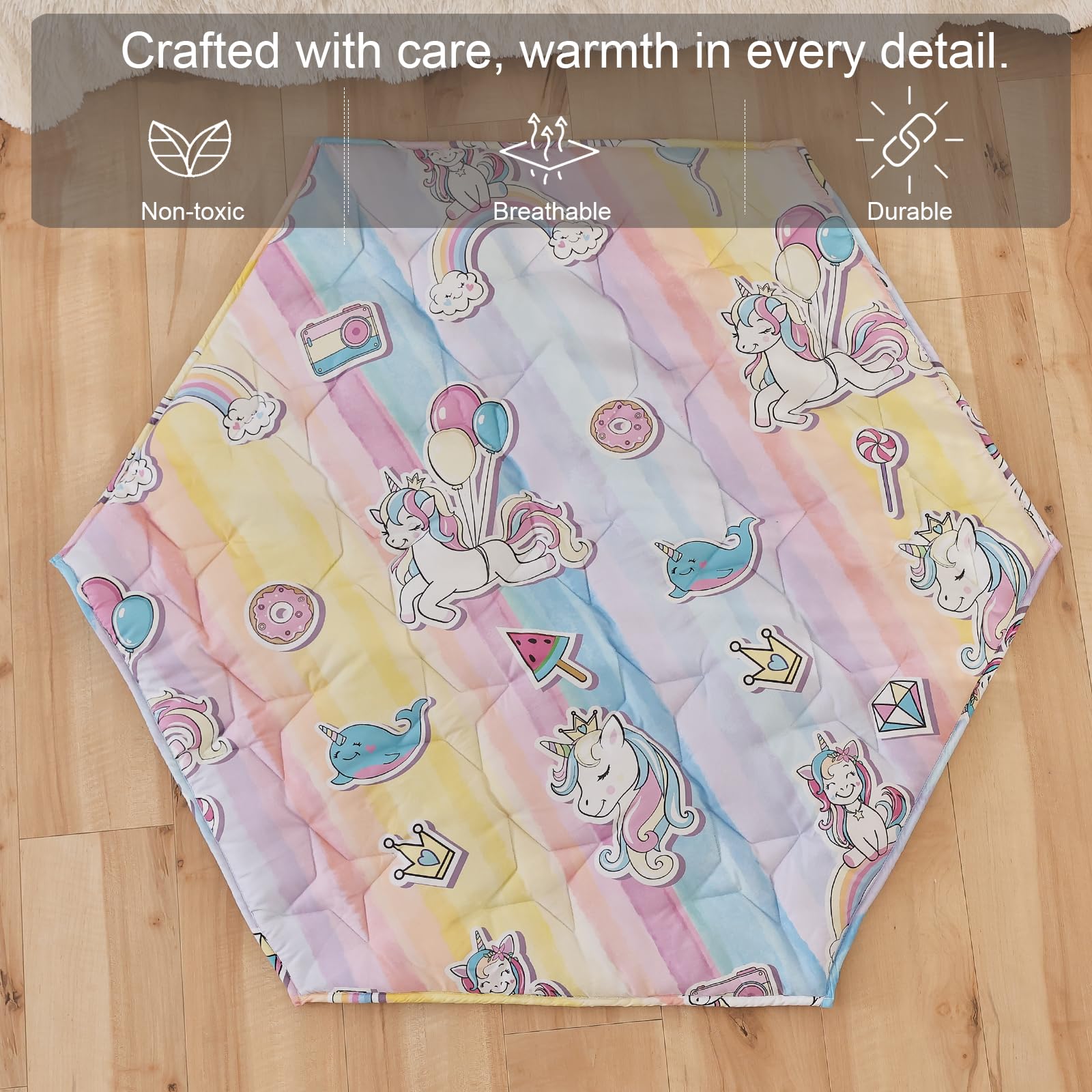 NapCure Hexagon Play Mat unicorn pattern invites tummy time and sensory exploration