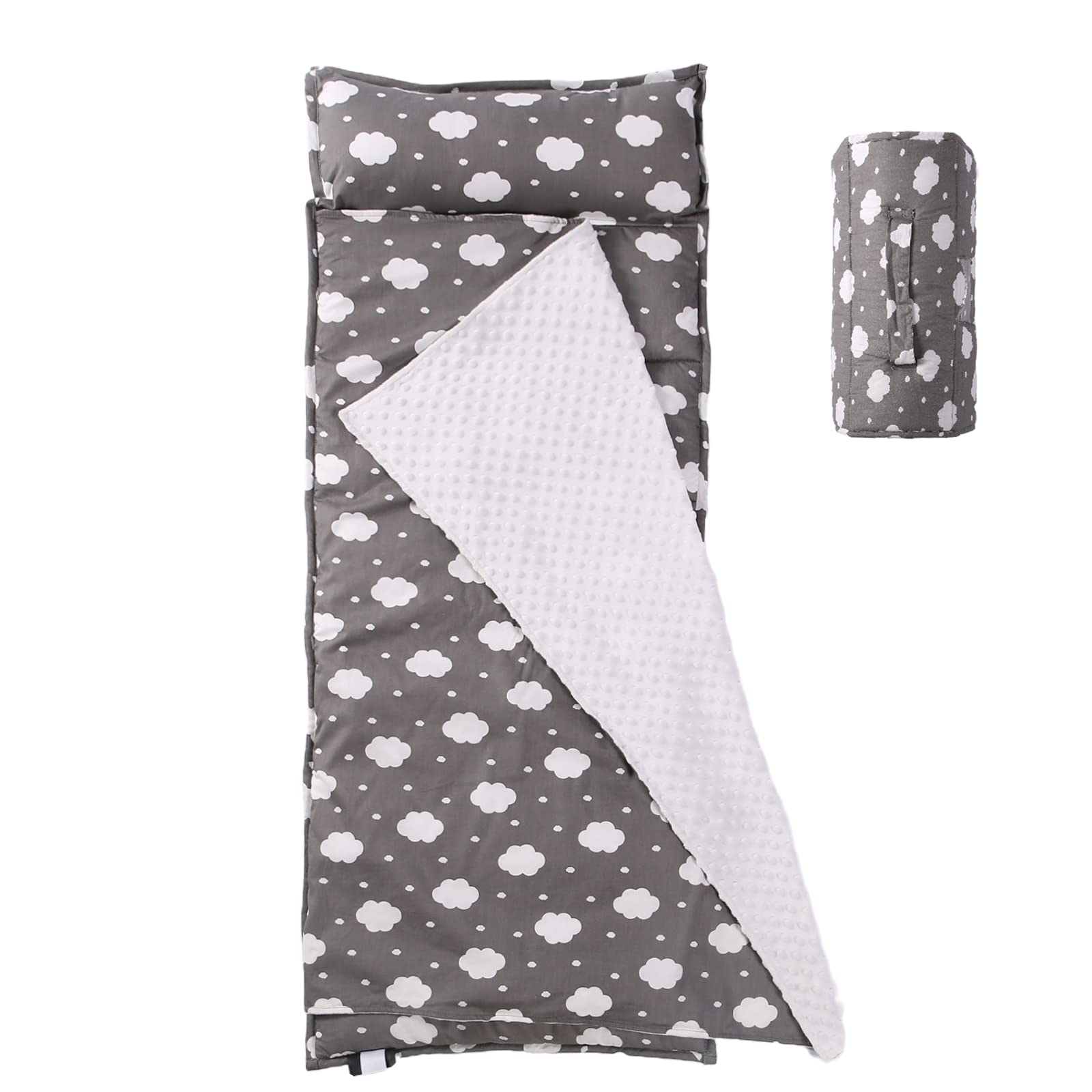 NapCure Toddler Nap Mat rolled with Velcro straps for easy transport.