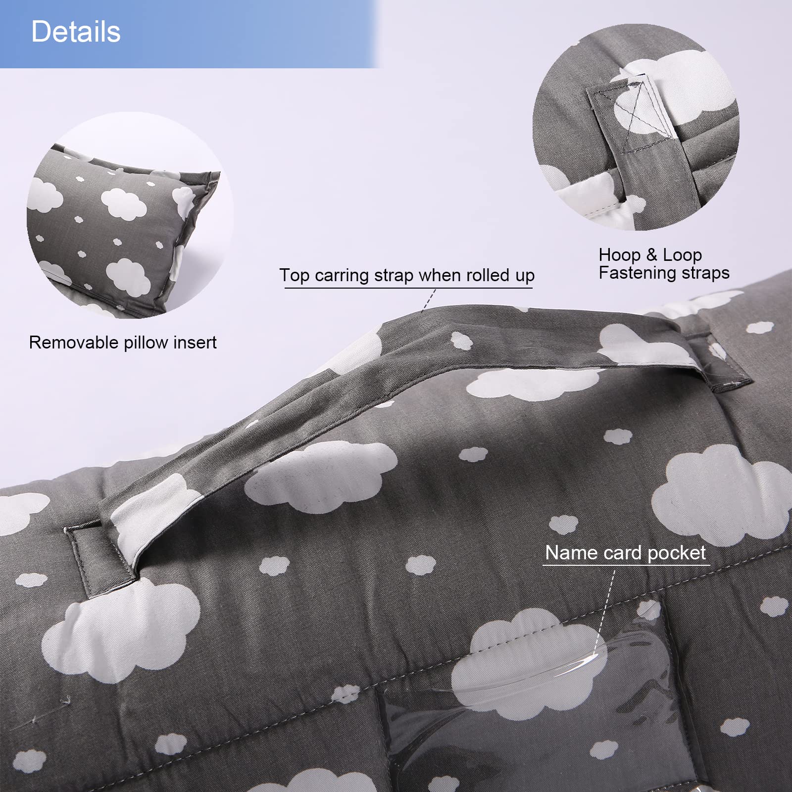 NapCure Toddler Nap Mat with pillow and minky blanket in cloud pattern for comfort.