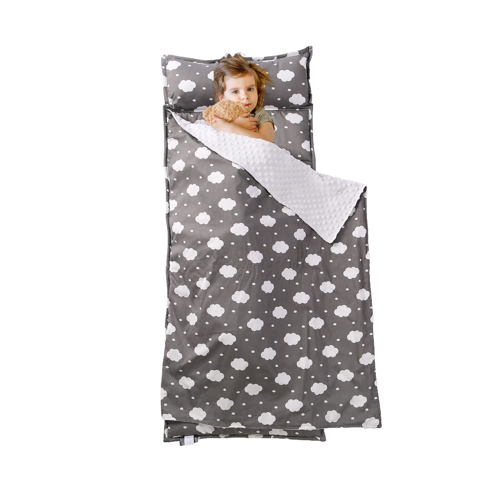 NapCure Nap Mat with Velcro straps securely rolled for travel and storage.