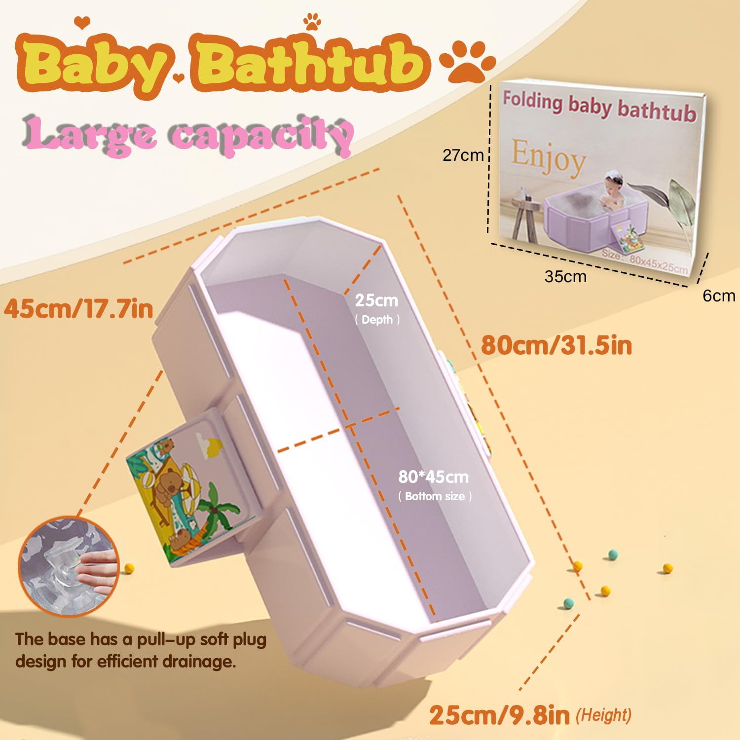 Naruning foldable bath tub pink non-slip base and sturdy frame.