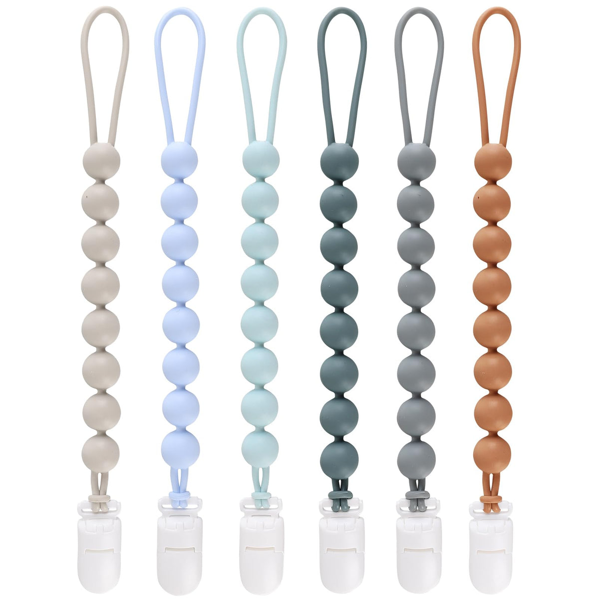 NASHRIO pacifier clip close-up with one-piece beads for secure attachment.