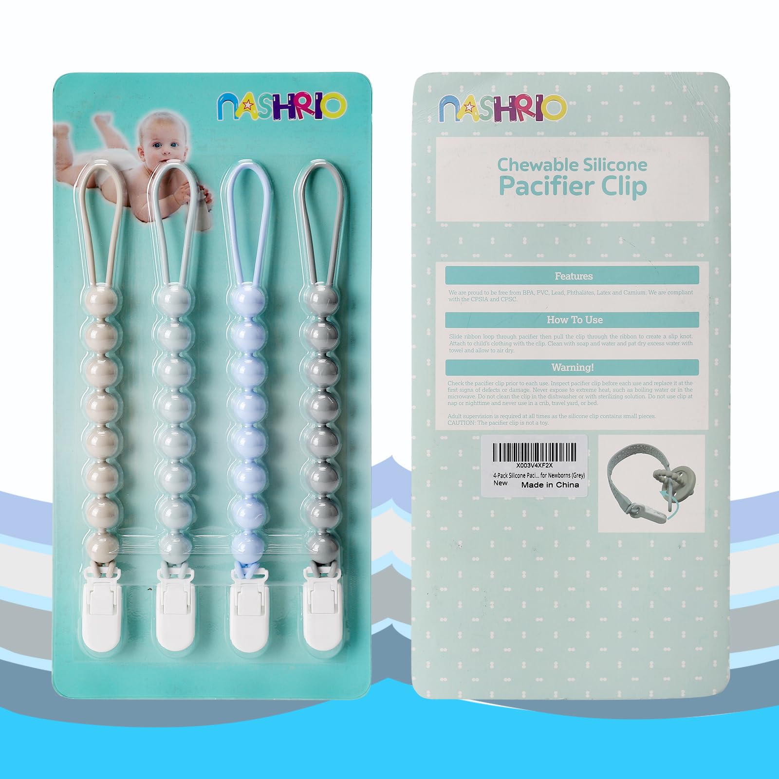 NASHRIO rust-free plastic pacifier clip highlighting durable construction