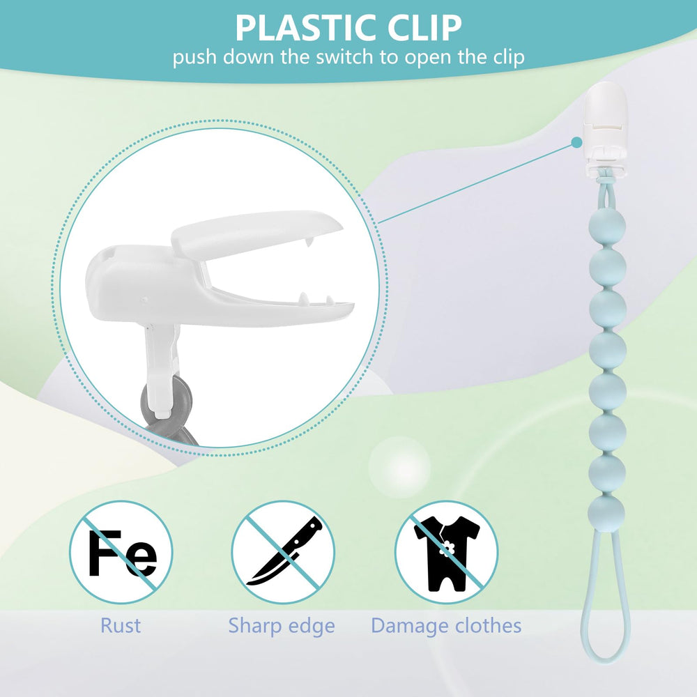 NASHRIO pacifier clip shows rust-free plastic construction for durability.
